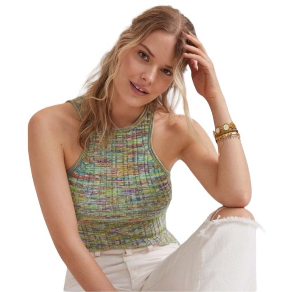 Anthropologie High Neck Knit Green Multi Color Tank Top size small